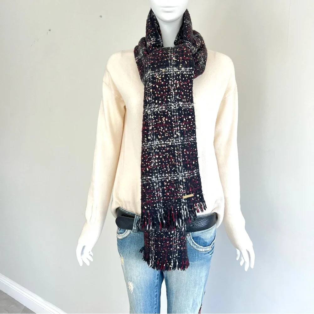 MICHAEL KORS Multicolored Plaid Tweed Gold Foil Knit Soft Long Shawl Wrap Scarf